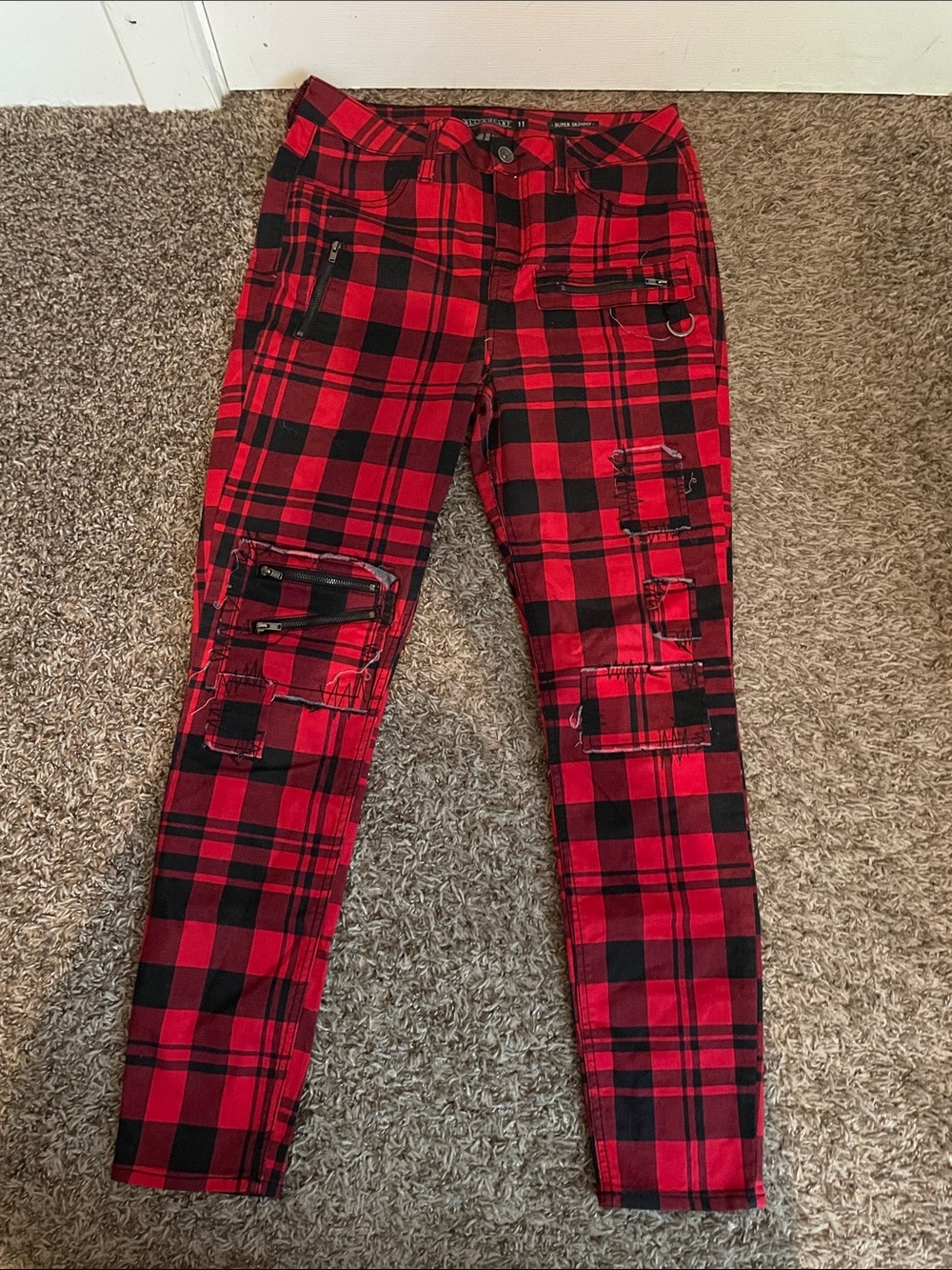 Blackheart Red & Black Plaid Skinny Jeans
